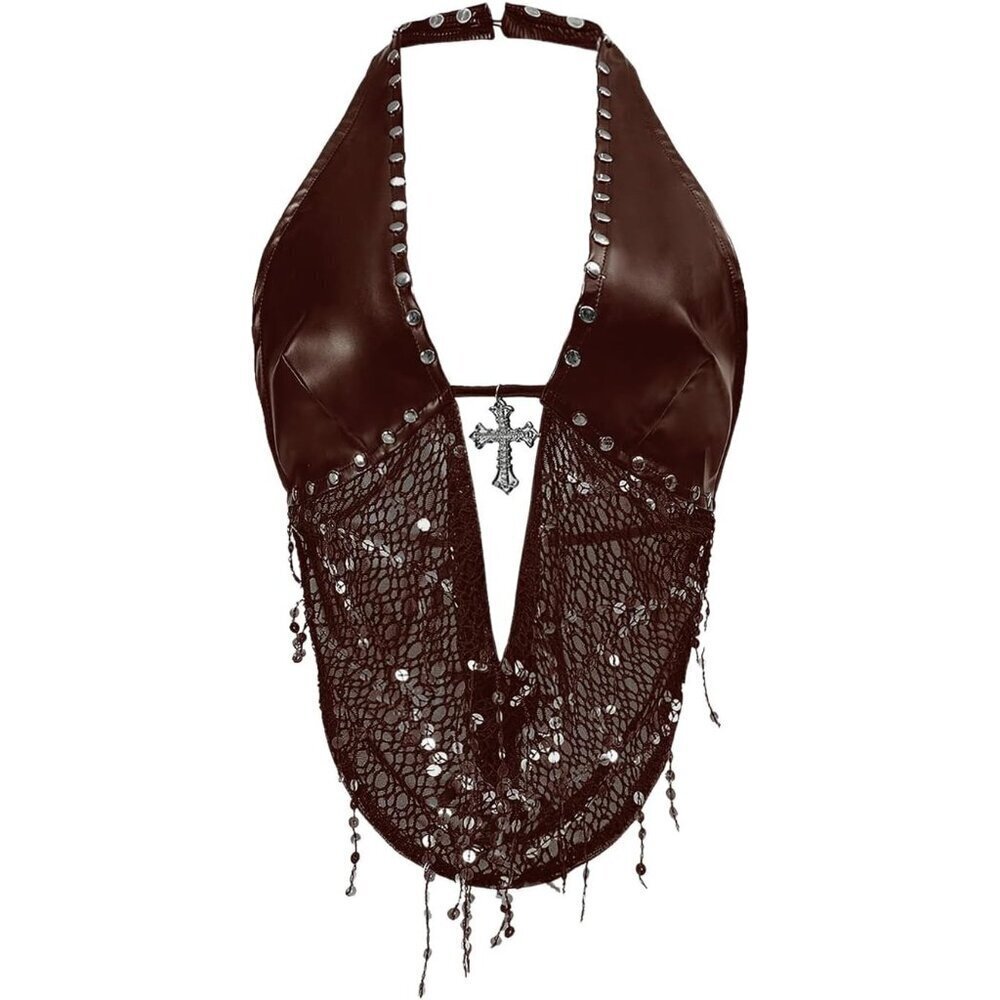 Women's Plain Brown Gothic Grunge PU Leather Sparkly Halter V Neck Vest Crop Top